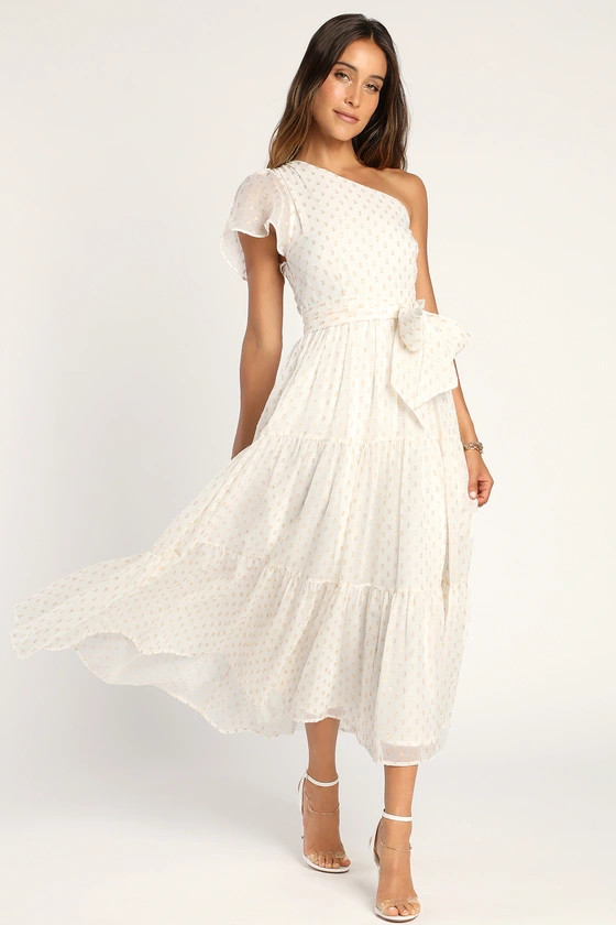 Shining Sight White Metallic Gold Dotted One-Shoulder Midi Dress | Lulus (US)