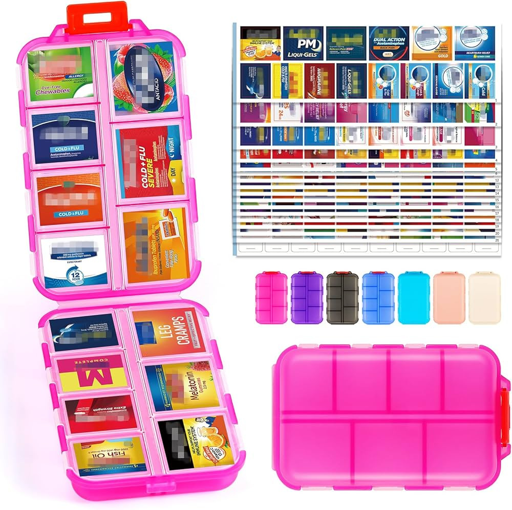 Travel Pill Organizer with Bulk Stickers & Labels - Small & Portable Daily Medicine Pharmacy for ... | Amazon (US)