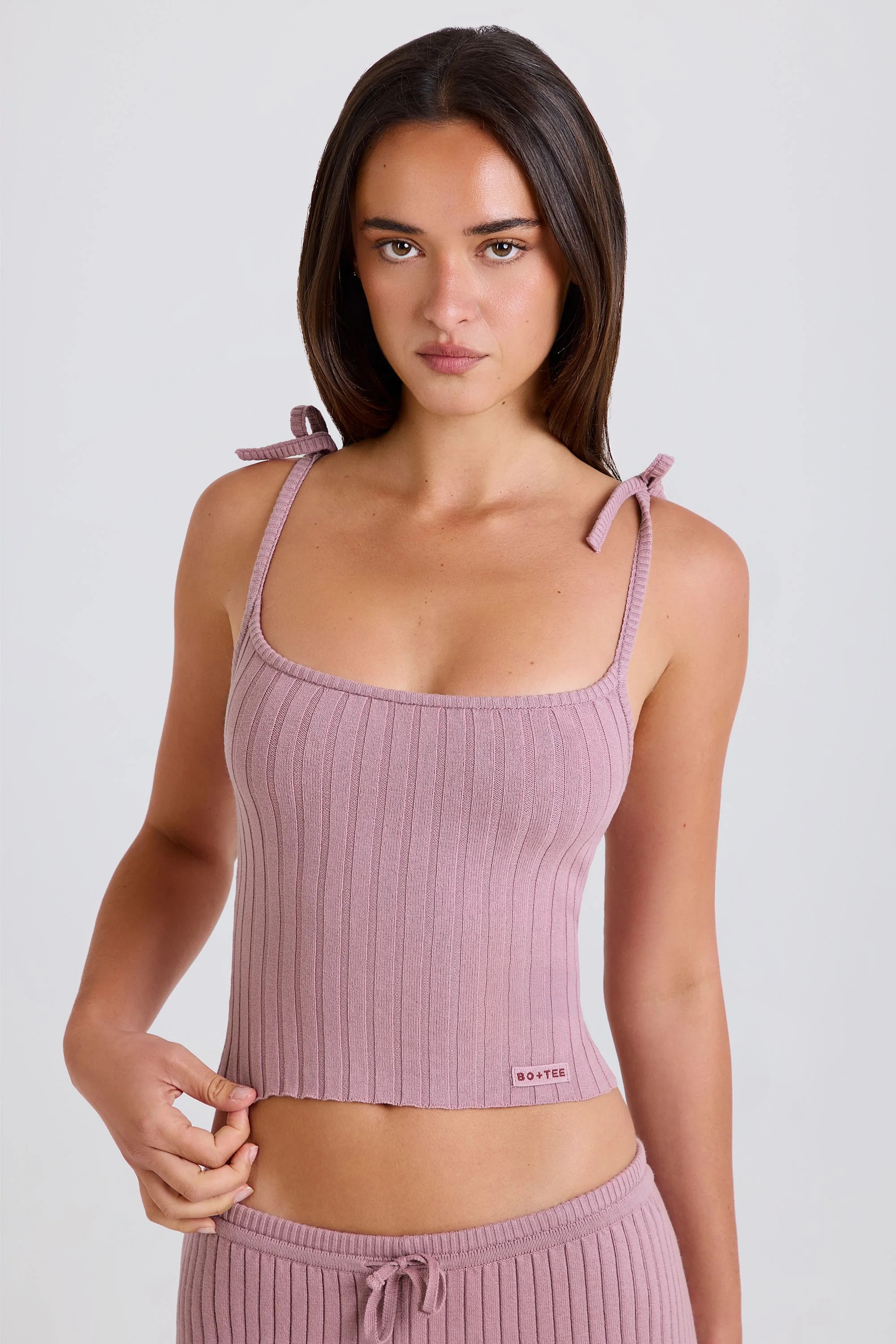 Ribbed-Knit Tie Tank Top in Mauve | Oh Polly