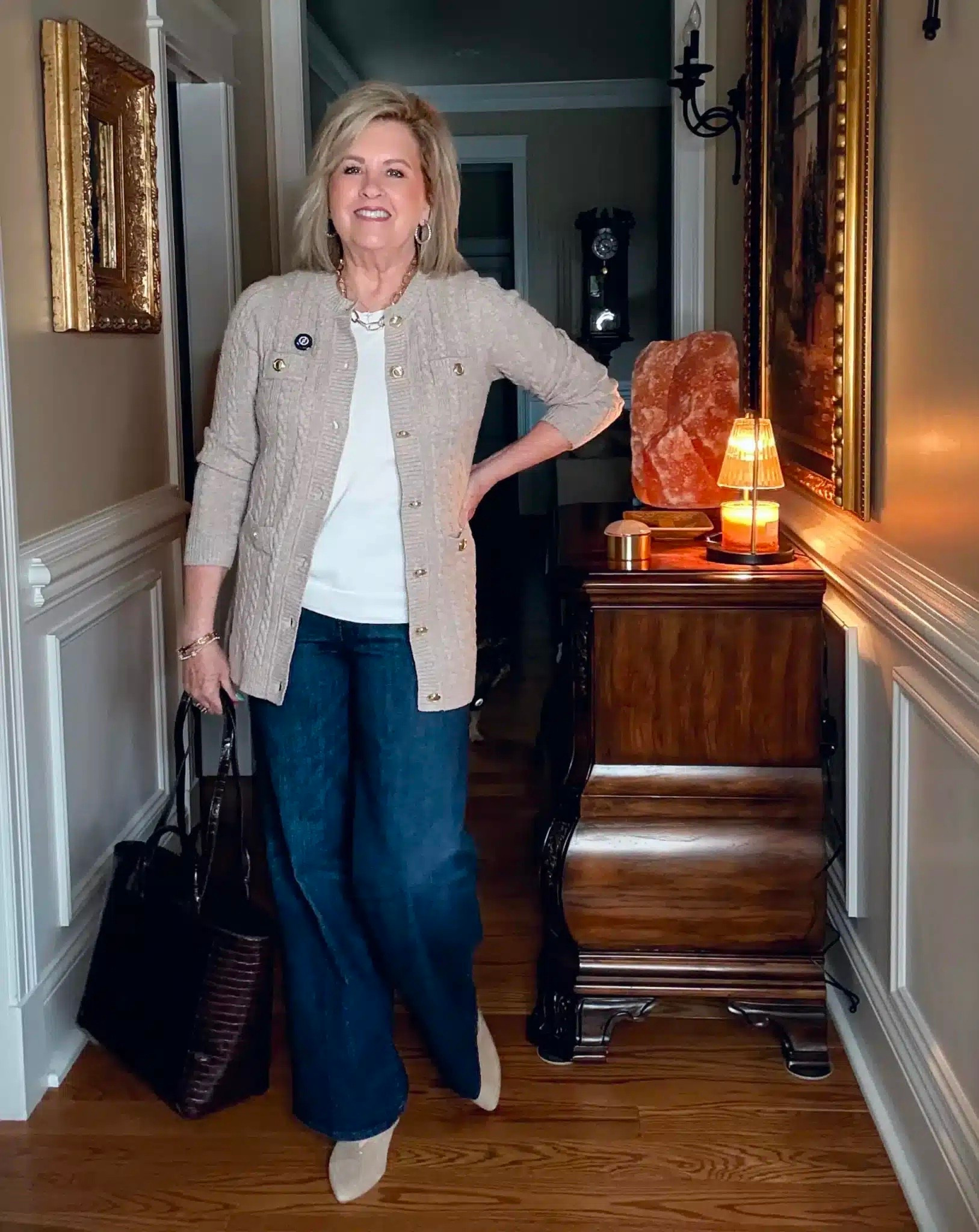 These jeans are trending right now and they’re a slim wide leg jean. They’re slimmer through the waist and hips, but get wider as they go down. I’m wearing a size 28 and a medium in my cardigan. 

#LTKgrwm #LTKootd #LTKWorkwear