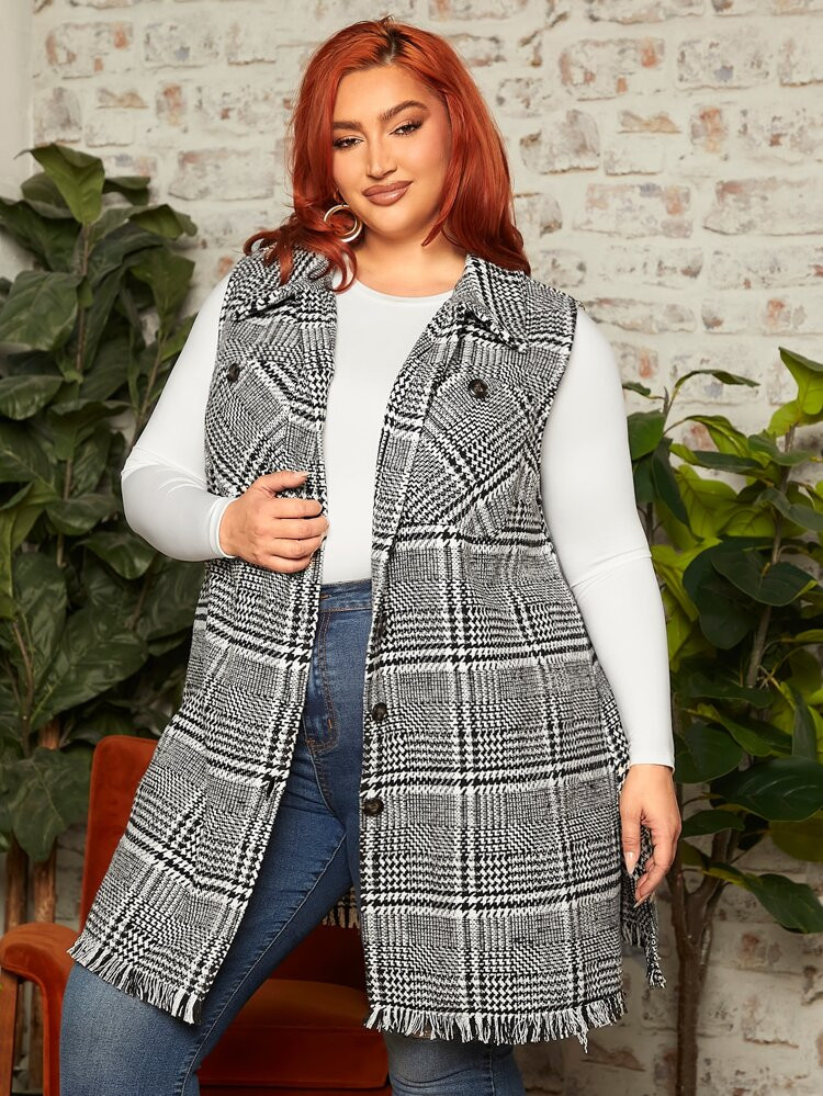SHEIN FIT+ Plus Houndstooth Raw Trim Vest Overcoat Without Top | SHEIN