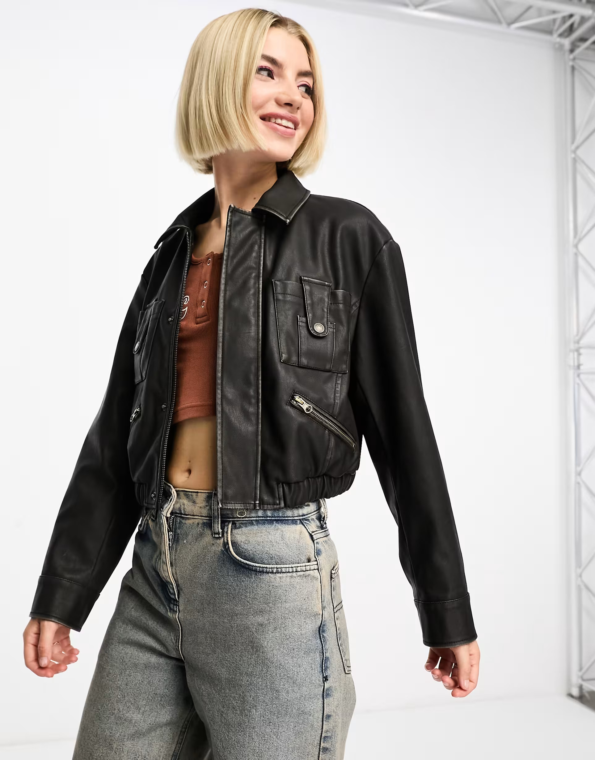 Stradivarius STR faux leather vintage trucker jacket in washed black | ASOS (Global)