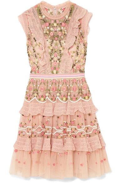 Needle & Thread - Tiered Embroidered Tulle Dress - Blush | NET-A-PORTER (US)