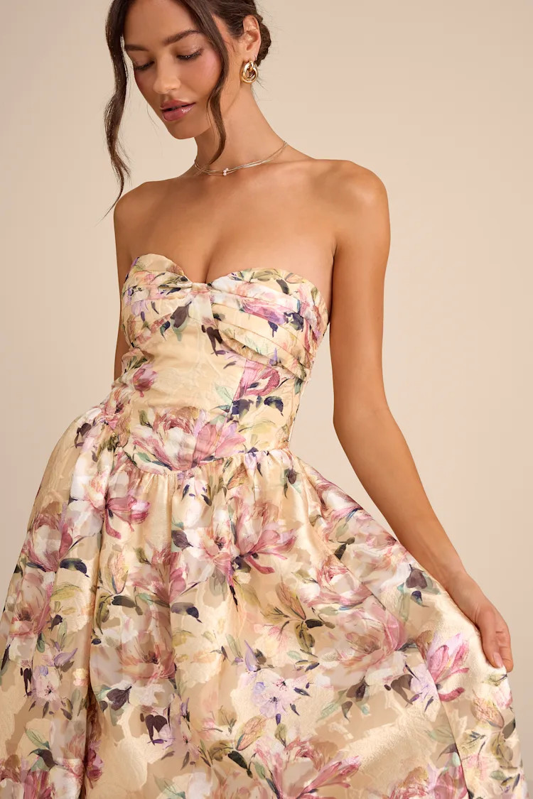 Kathani Light Yellow Floral Jacquard Bustier Maxi Dress | Lulus