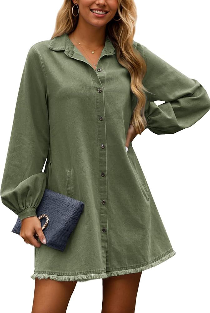 Zilcremo Women's Button Down Babydoll Denim Dress Long Sleeve Jean Shirt Dress with Pockets | Amazon (US)