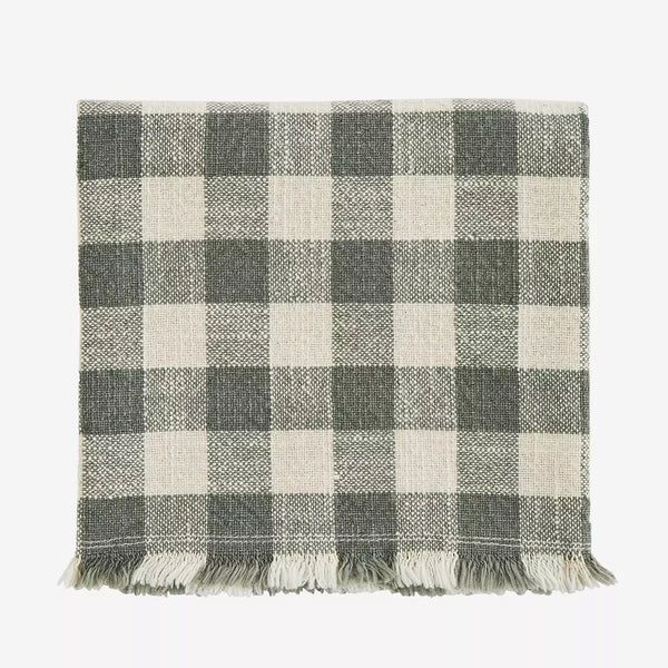 Madam Stoltz Green and Ecru Checked Kitchen Towel with Fringes - Trouva | Trouva (Global)
