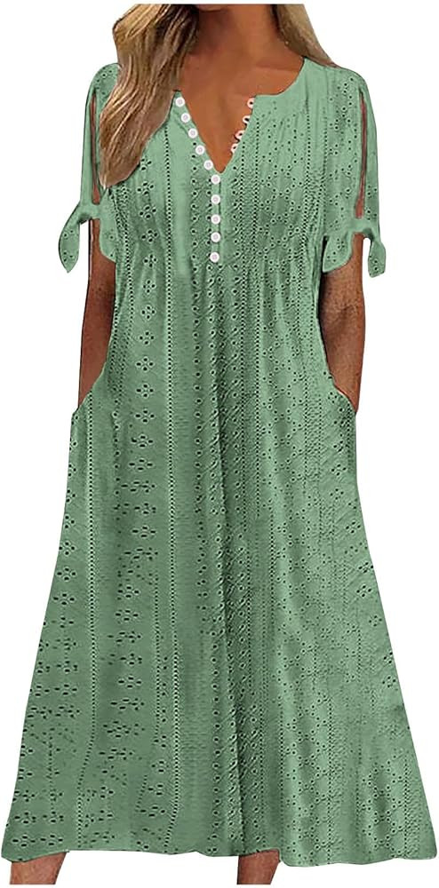 Elegant Summer Dresses for Women 2026 Trendy Tie Short Sleeve Button Down v Neck Eyelet Maxi Long... | Amazon (US)