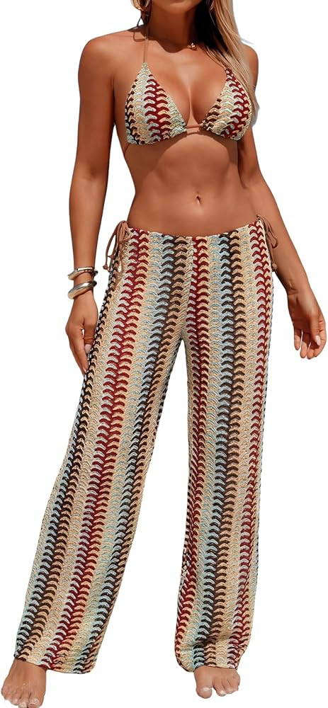 ZAFUL Women's Halter Bikini Sets V Neck Textured Triangle String High Cut Tie Side 3 Piece Swimsu... | Amazon (US)