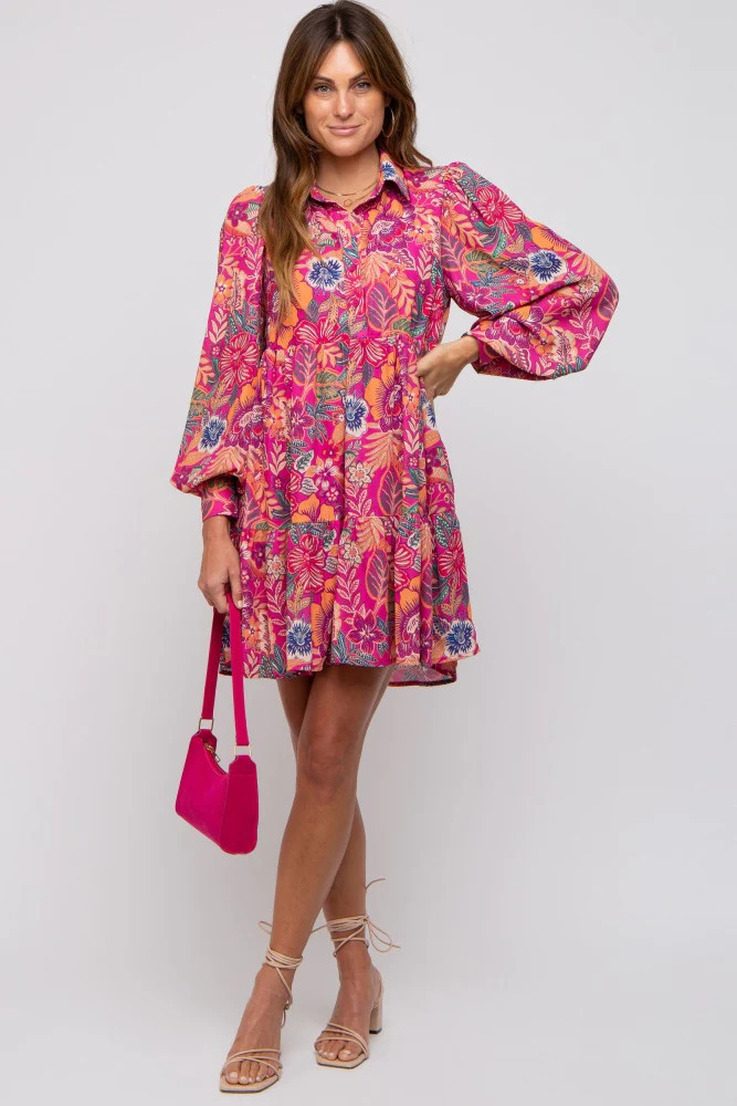 Magenta Floral Paisley Collared Button Front Dress | PinkBlush Maternity