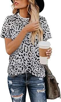 Blooming Jelly Womens Leopard Print Tops Short Sleeve Round Neck Casual T Shirts Tees(L, Leopard ... | Amazon (US)