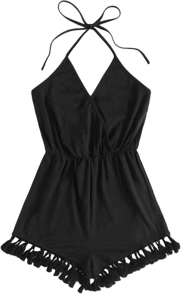 SheIn Women's V-Neck Sleeveless Wrap Halter Romper Tassel Elastic Waist Jumpsuit | Amazon (US)