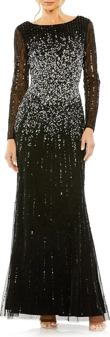 Sequin Embellished Bateau Neck Long Sleeve A-Line Gown | Nordstrom