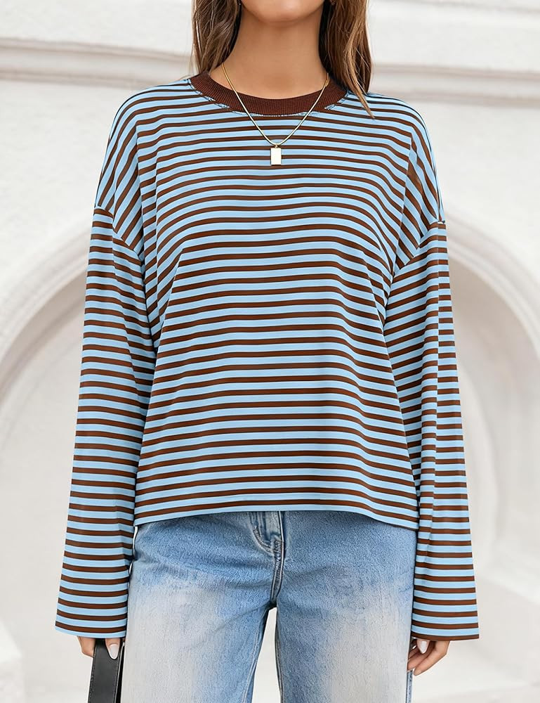 LOMON Striped Long Sleeve Shirt Women Y2k Oversized Crewneck Fall Spring Drop Shoulder Vintage To... | Amazon (US)