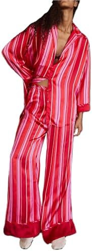 Women Satin Pajama Set Floral Silk Pajamas 2 Piece Lounge Sets Button Down Shirts Wide Leg Pants ... | Amazon (US)