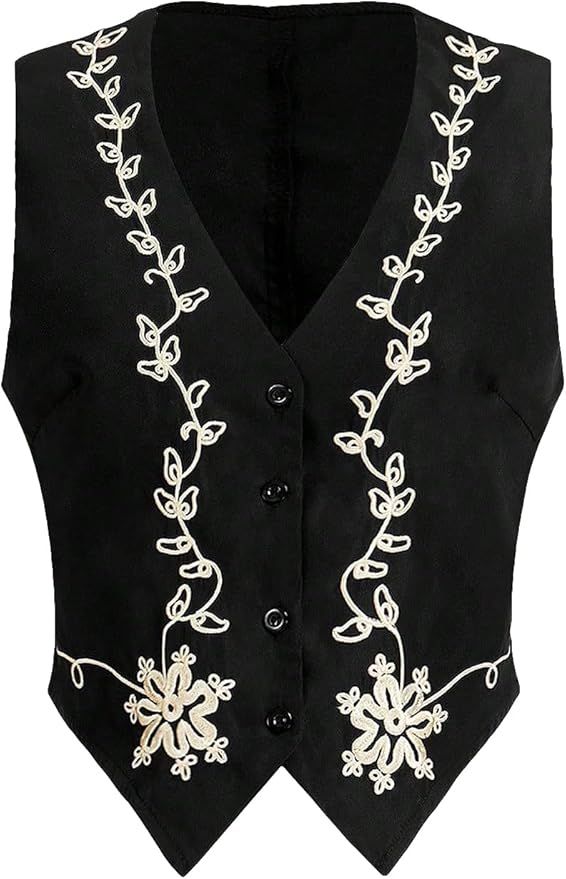Floerns Women's Sleeveless Floral Embroidery Button Front Waistcoat Vest Jacket | Amazon (US)