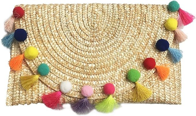 Straw Pom Pom and Tassel Clutch - Colorful Summer Bag | Amazon (US)