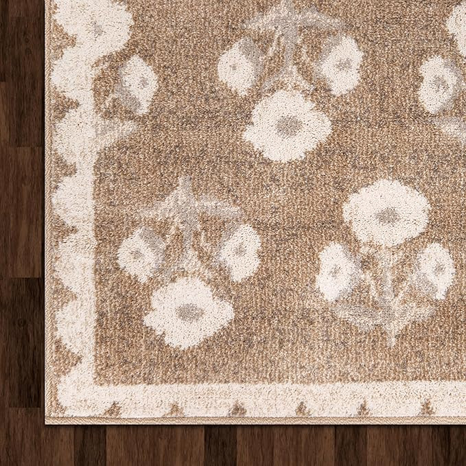 Jenni Yolo Home Louise Area Rug - 5'3" x 7' Tan Rectangle, Classic Floral with Scalloped Border, ... | Amazon (US)