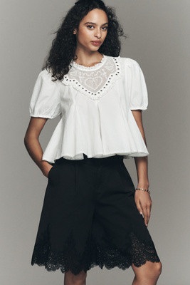 By Anthropologie Pleated Lace-Hem Knee-Length Shorts | Anthropologie (US)