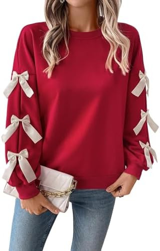 Valentine Tops for Women Cute Bow Valentine's Sweatshirts Longe Sleeve Crewneck Love Heart Shirt ... | Amazon (US)