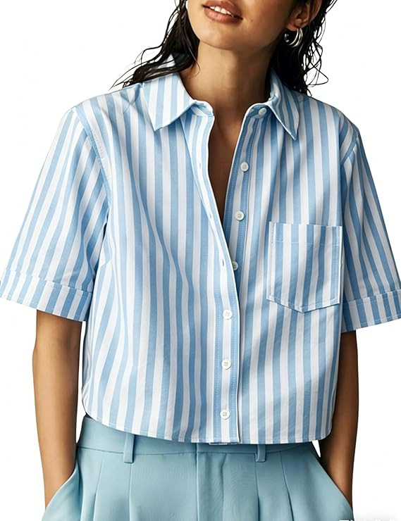 AMEBELLE Women's Striped Short Sleeve Cropped Button Down Shirt Casual Summer Lightweight Blouse ... | Amazon (US)