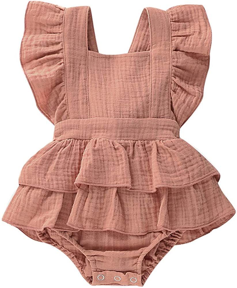 Bowanadacles Newborn Infant Baby Girl Romper Jumpsuit Cotton Linen Sleeveless Ruffled Bodysuit Su... | Amazon (US)