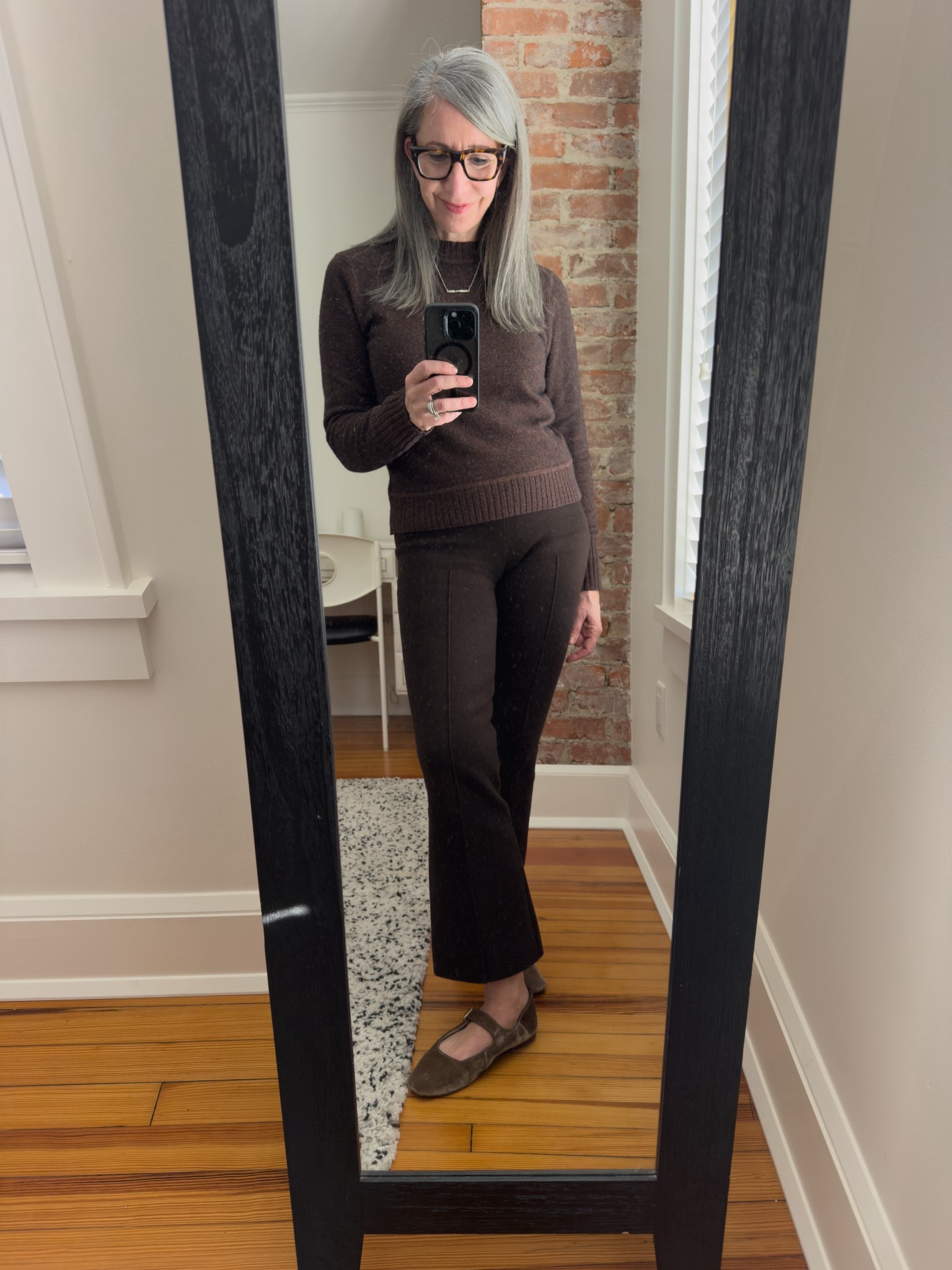 #ComfortableGirlWinter – You asked, here she is in brown! And yes with the brown J. Crew pants. Monochromatic outfits are a simple and instant way to look put together and this outfit is a perfect example. I wore this on a shoot, out for breakfast with friends and out to dinner later in the week. Warm and cozy, comfortable and classic! The shoes are years-old J. McLaughlin; I’ve linked similar styles in my LTK!