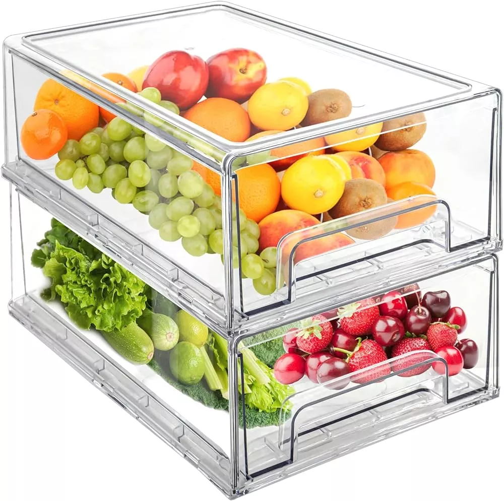  Mano Stackable Refrigerator Drawers Pull Out Bins Double Layer  Fridge Organizer Refrigerator Organizer Box Clear Plastic Food Storage  Containers Set Produce Saver for Pantry, Freezer, Kitchen Cabinet: Home &  Kitchen