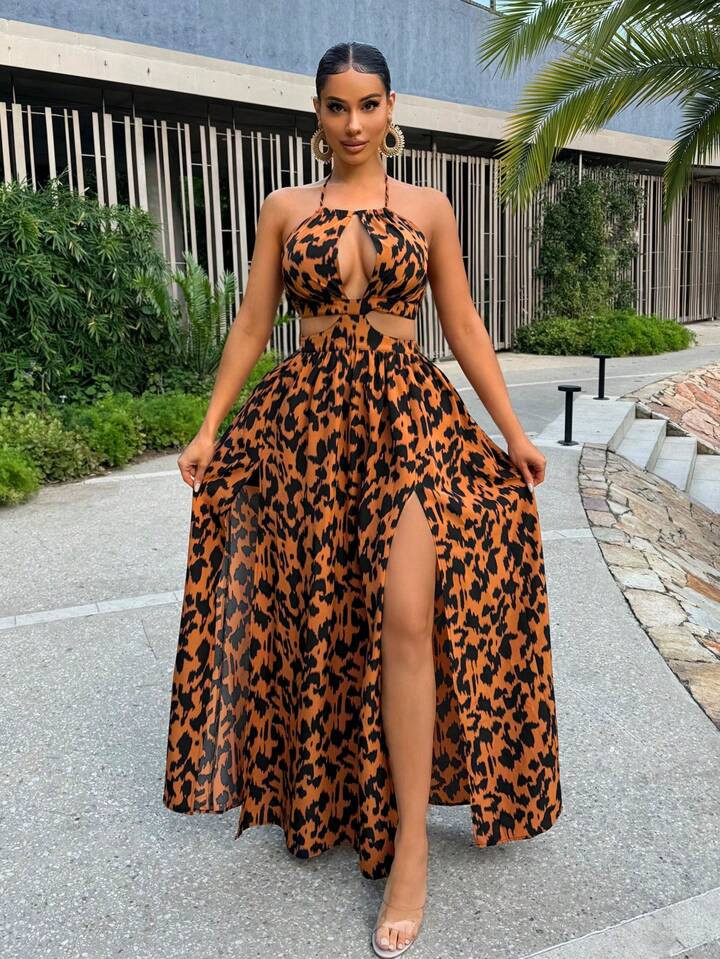 SHEIN SXY Vestido de verano para mujer con estampado completo en todo el vestido, cuello halter, ... | SHEIN