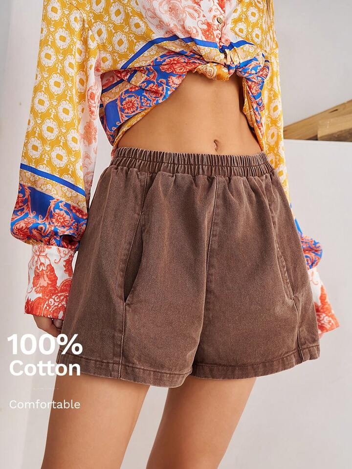 Bohemela Women's Casual Loose Fit Mid-Waist Brown Shorts | SHEIN