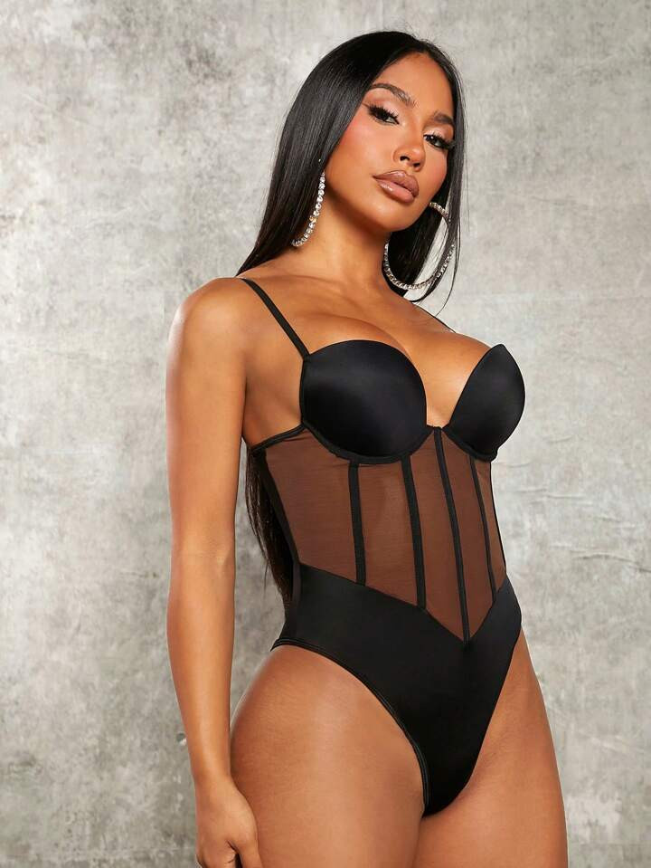 SHEIN SXY Contrast Mesh Bustier Cami Bodysuit | SHEIN