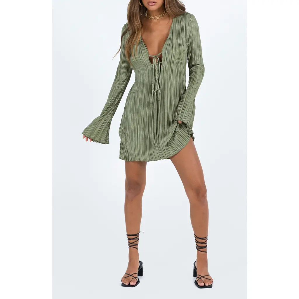 Princess Polly Malop Plissé Long Sleeve Minidress in Green at Nordstrom, Size 8 | Nordstrom