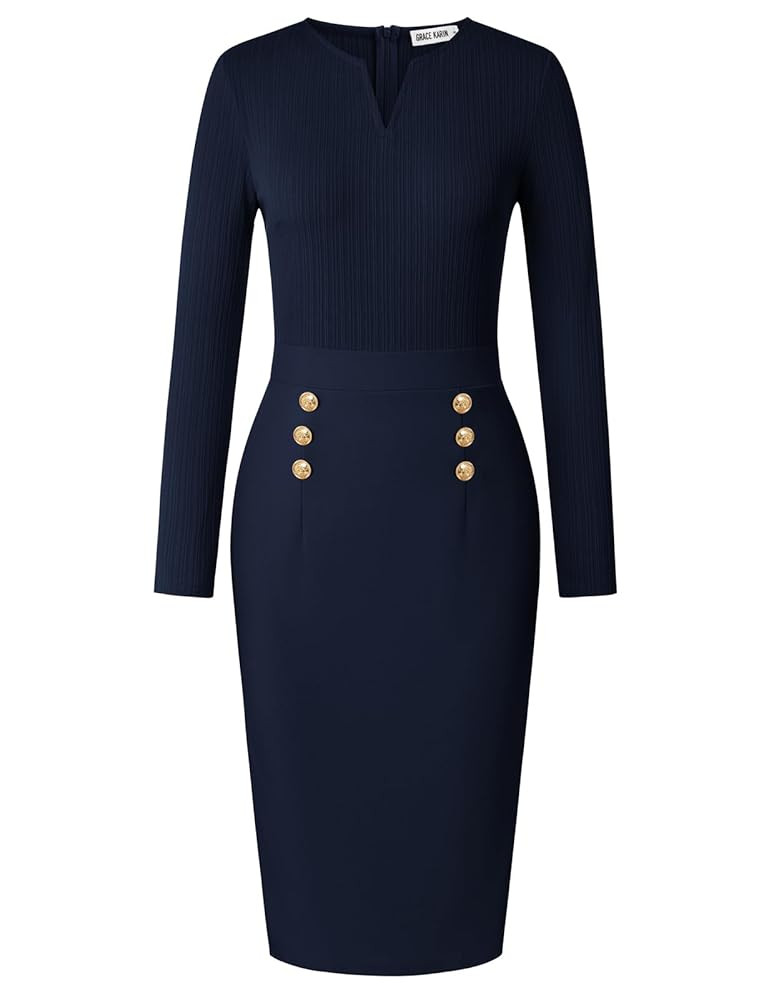 GRACE KARIN Women's 2025 Fall Henly V Neck Business Work Dress Long Sleeve Bodycon Midi Elegant O... | Amazon (US)