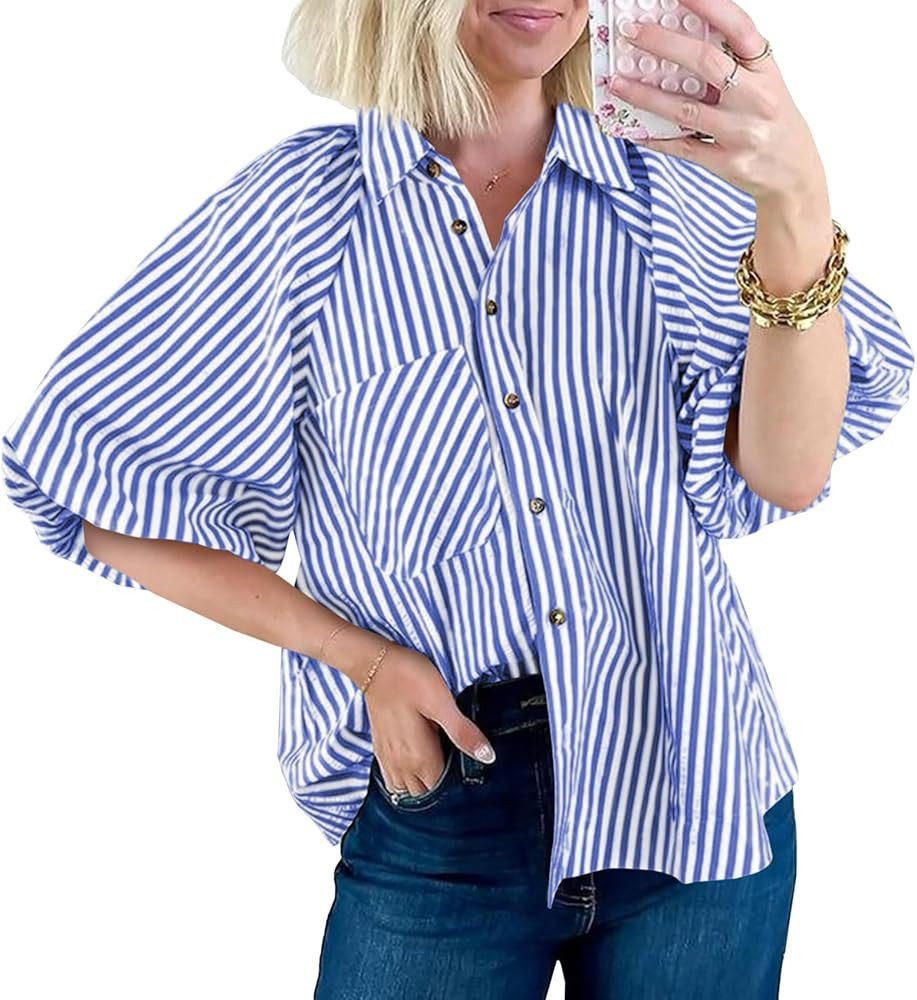 Tankaneo Womens Short Puff Sleeve Button Down Shirts Striped Trendy Casual Loose Fit Blouse V Nec... | Amazon (US)