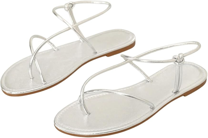 GORGLITTER Women's Metallic Strappy Flat Sandals Open Toe Dressy Summer Beach Thong Slides | Amazon (US)