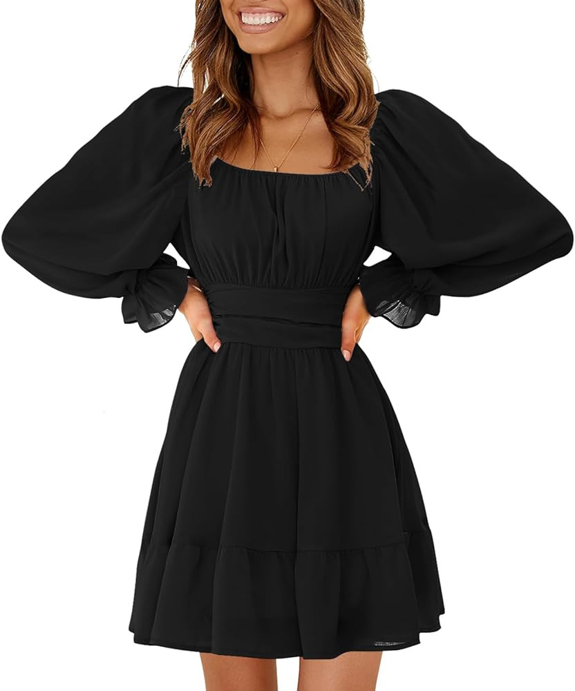 EXLURA Women's 2026 Casual Long Lantern Sleeve Dresses Square Neck Ruffle Tie Back Elastic Waist ... | Amazon (US)