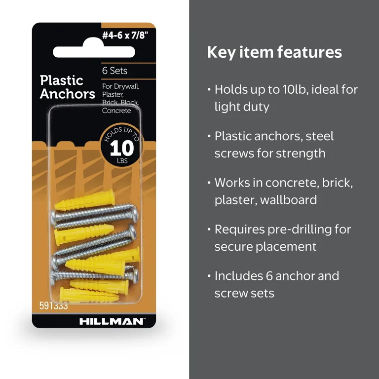 Hillman Multi-Material Ribbed Anchor Screws, #4-6 x 7/8", Plastic and Steel, 10 lbs, Yellow, 6 se... | Walmart (US)