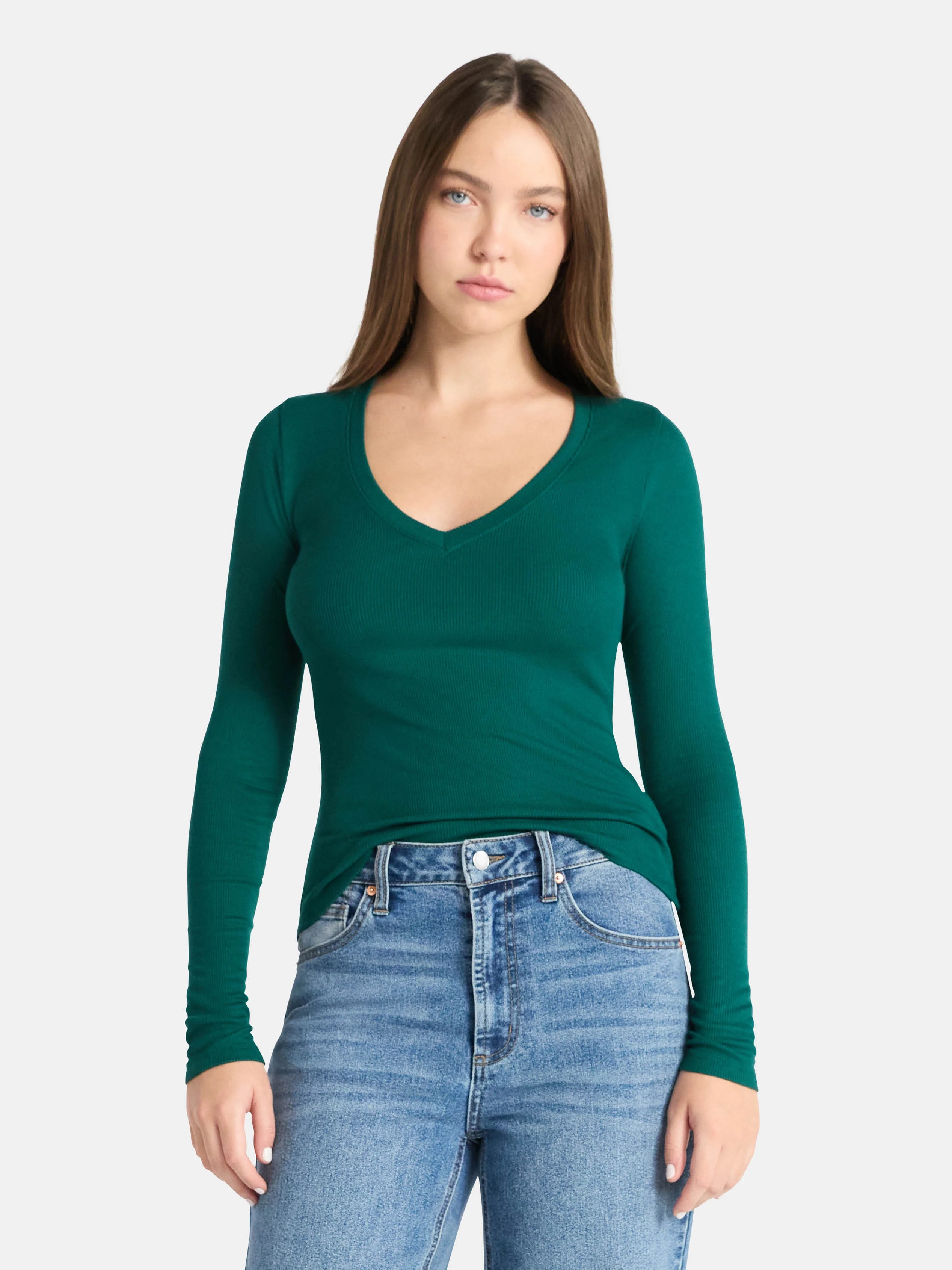 No Boundaries V-Neck Ribbed Top with Long Sleeves, Women’s | Walmart (US)