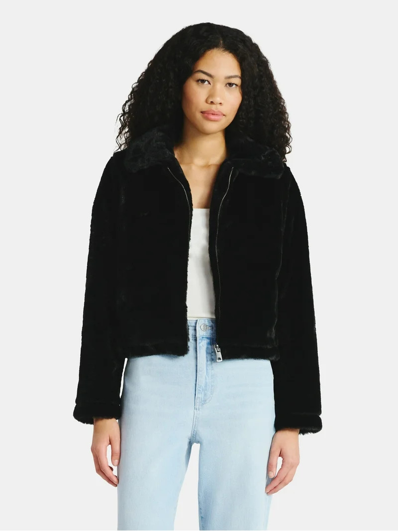 No Boundaries Faux Fur Jacket, Women's | Walmart (US)