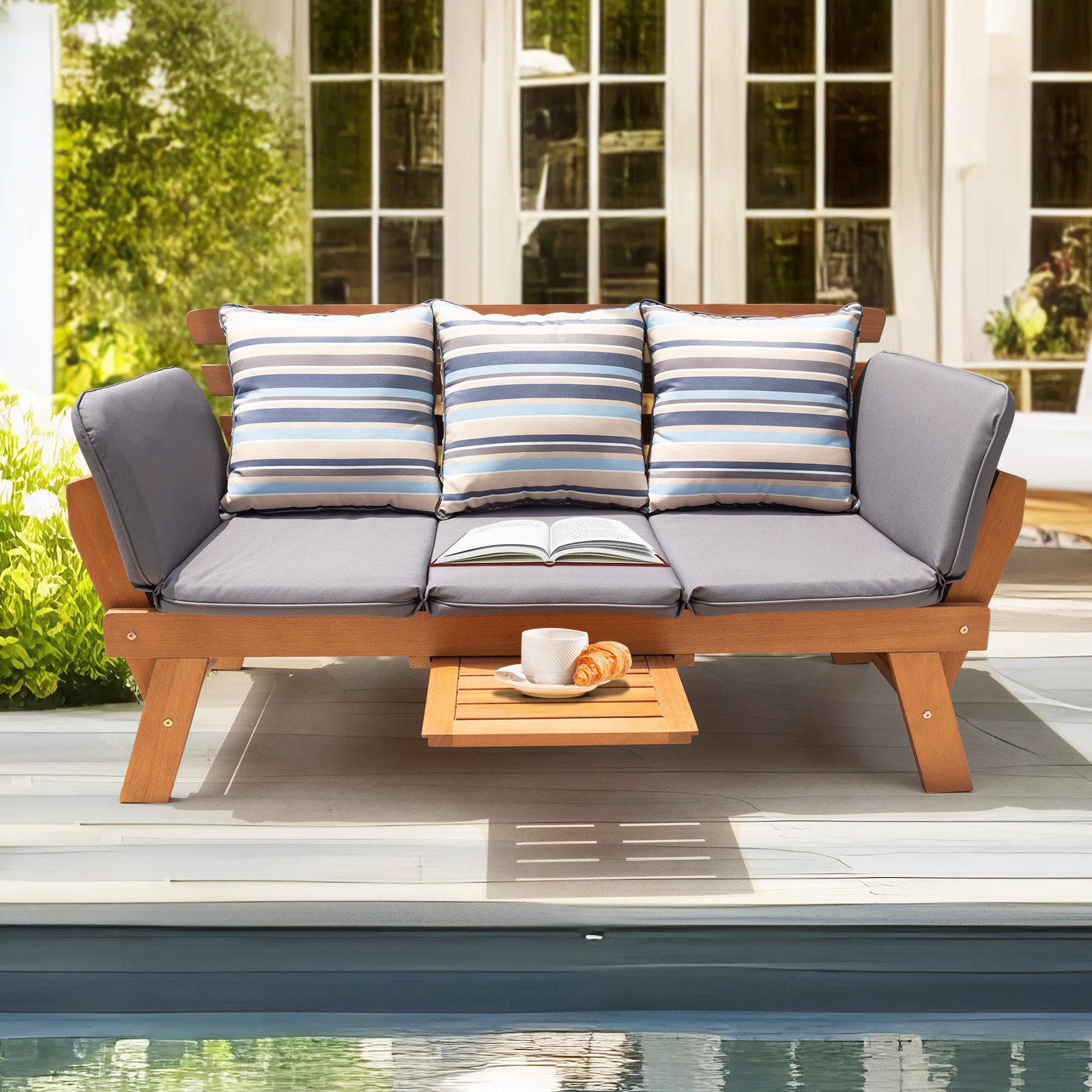 Katinka Eucalyptus Outdoor Daybed Sofa with Folding Armrest & Coffee Tray with 3 Pillows | Wayfair North America