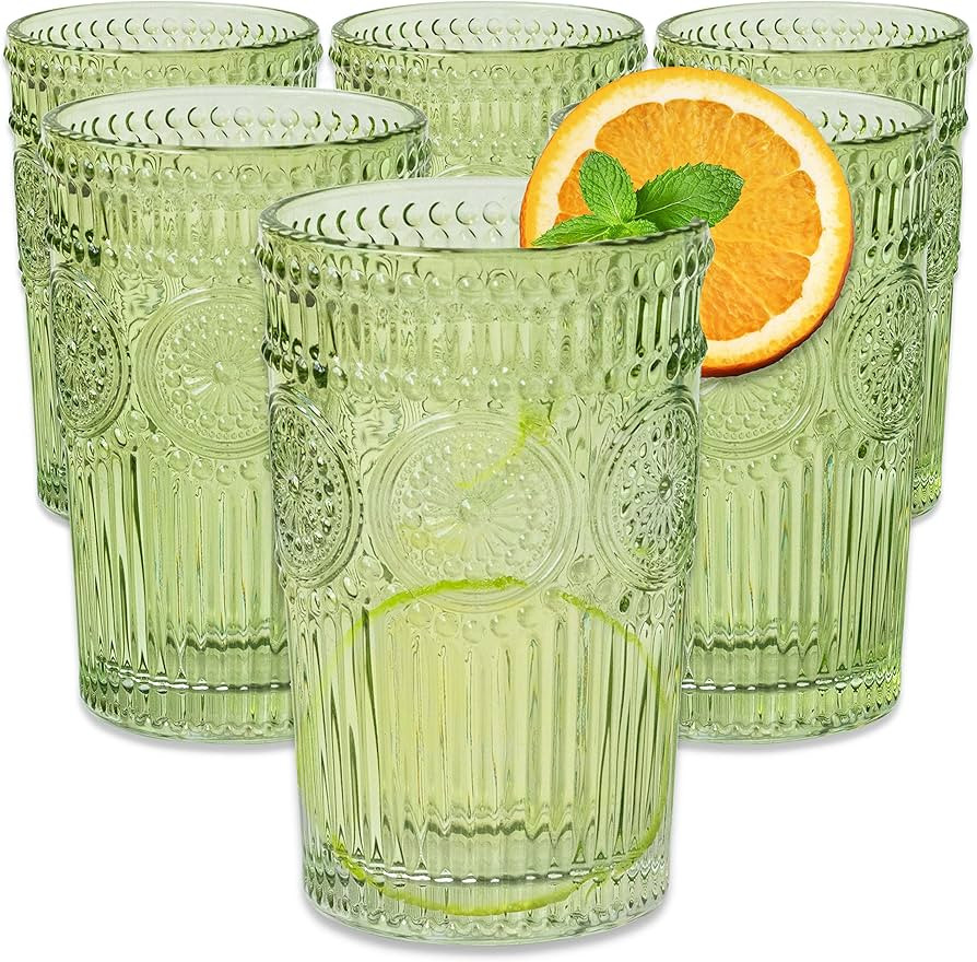 Vintage Textured Sage Green Striped Drinking Glasses Set of 6, Ribbed Flower Design, 13 oz Cockta... | Amazon (US)
