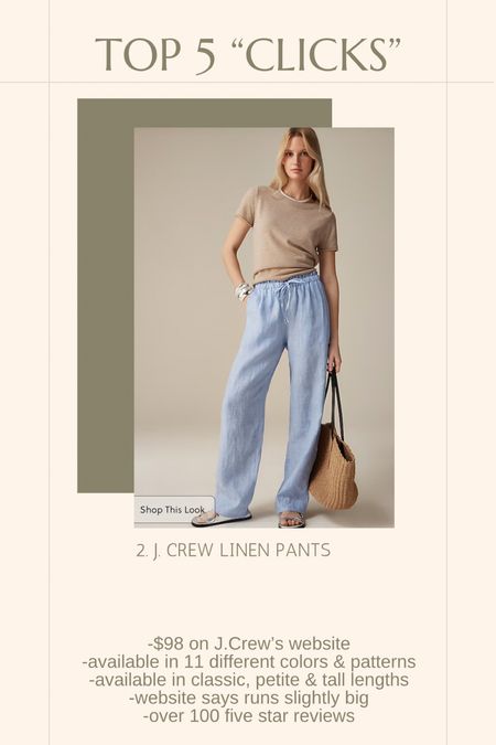 Top 5️⃣ “clicks” of the week.

2️⃣ J.Crew Soleil Linen Pant

-$98 on J.Crew’s website
-available in 11 different colors & patterns
-available in classic, petite & tall lengths
-website says runs slightly big
-over 100 five star reviews

#LTKstyletip #LTKworkwear

#LTKSeasonal #LTKfindsunder100 #LTKover40