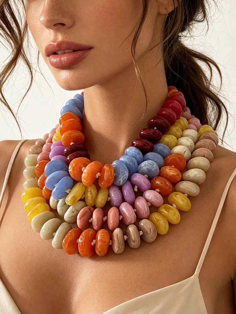 1pc Artistic Retro Fresh Sweet Colorful Resin Beaded Necklace, Luxury Layered Wear, Vacation Styl... | SHEIN