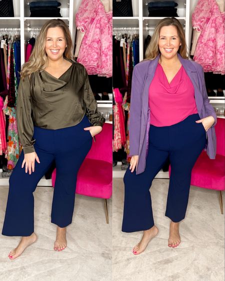 Spring plus size workwear looks from Eloquii! Look 1: This top and pants are classic staples for your wardrobe, they will never go out of style. I love the olive top - it runs a tad small so size up if you’re unsure. Pants run true and fit my apple shape amazingly. They have structure but stretch. Honestly might be the best work pants I’ve found. Also love the little kick flare crop! Really any shoe can work with these. Wearing a size 18 in both pieces. Look 2: Ok this blazer is a WIN! I love it so much and I feel it’s classic and you can wear it for years! Paired it with that classic drapey top in dark pink and the classic navy pants. All run true to size. Wearing a size 18 in all 3 pieces. 

#LTKSeasonal #LTKworkwear #LTKcurves