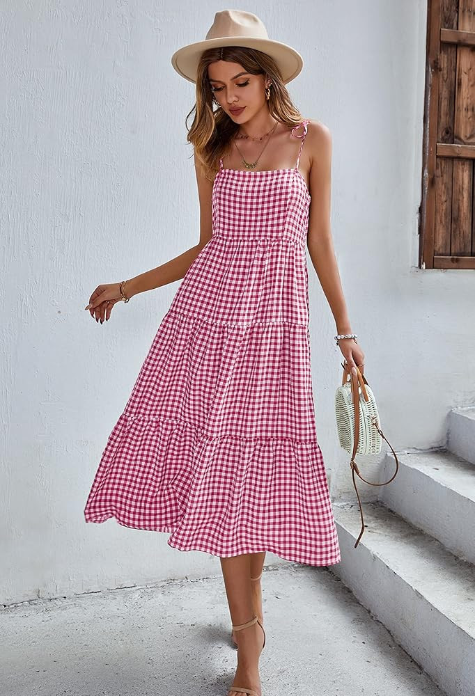 ECOWISH Women Dress Summer Spaghetti Strap Floral High Low Asymmetrical Irregular Hem Casual Plaid L | Amazon (US)