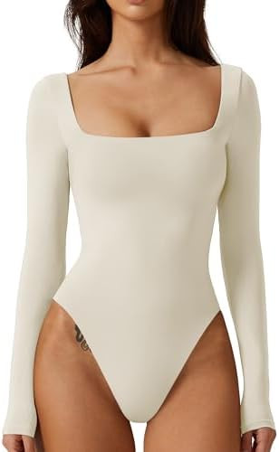QINSEN Bodysuit Tops for Women Square Neck Long Sleeve Double Lined T-shirt | Amazon (US)