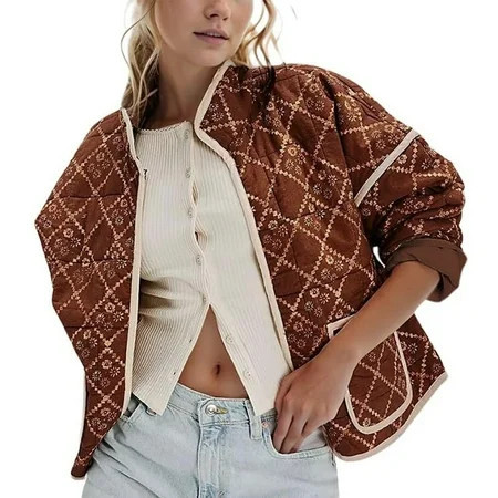Women s Cropped Quilted Jacket Floral Printed LightWeight Padded Puffer Cardigan Coat Outwear | Walmart (US)