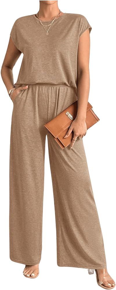 Milumia Women's 2 Piece Outfits Solid Cap Sleeve T Shirt and Wide Leg Pants Matching Sets | Amazon (US)