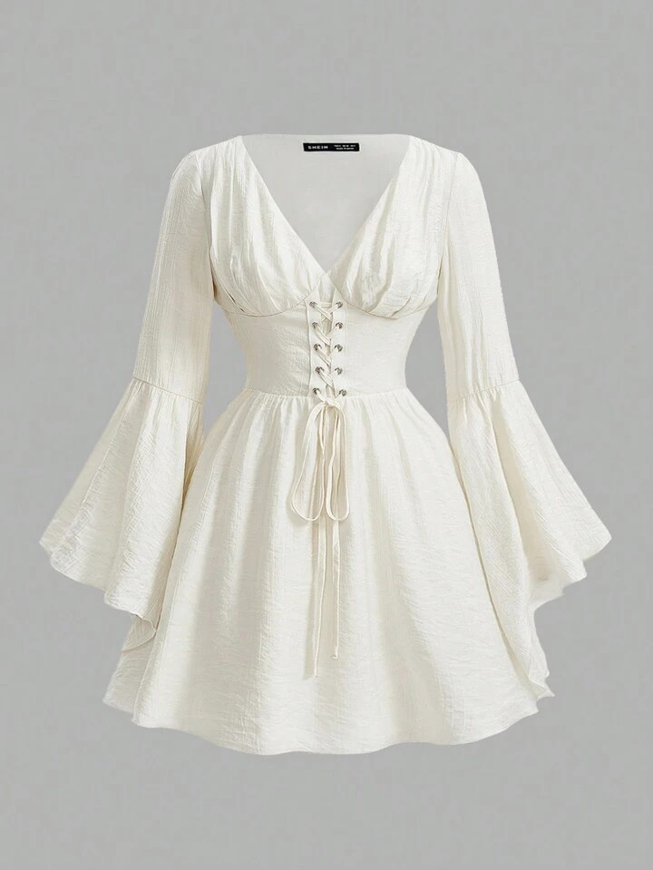 SHEIN MOD Plus Size Formal Dress Prom Dress With Sleeves Ladies' Flared Sleeves Waist Tie Dress | SHEIN