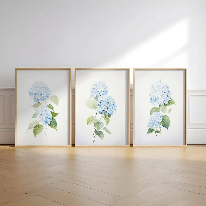 Blue Hydrangea, Watercolor Painting, Minimalist Wall Decor, Nursery Wall Art, Blue Floral Art, Se... | Etsy (US)