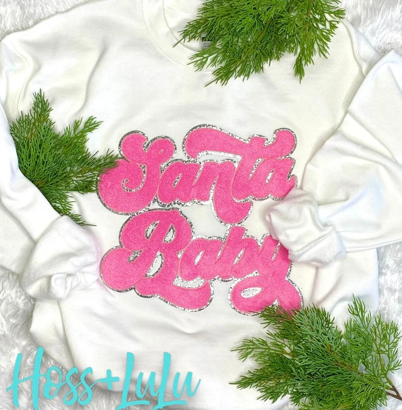 Pink Santa Baby Chenille Letter Patch Santa Baby Sweatshirt - Etsy | Etsy (US)